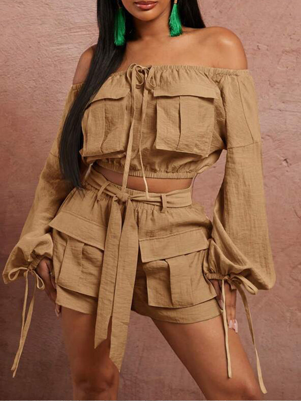 Off-Shoulder Cargo Top & Shorts Set