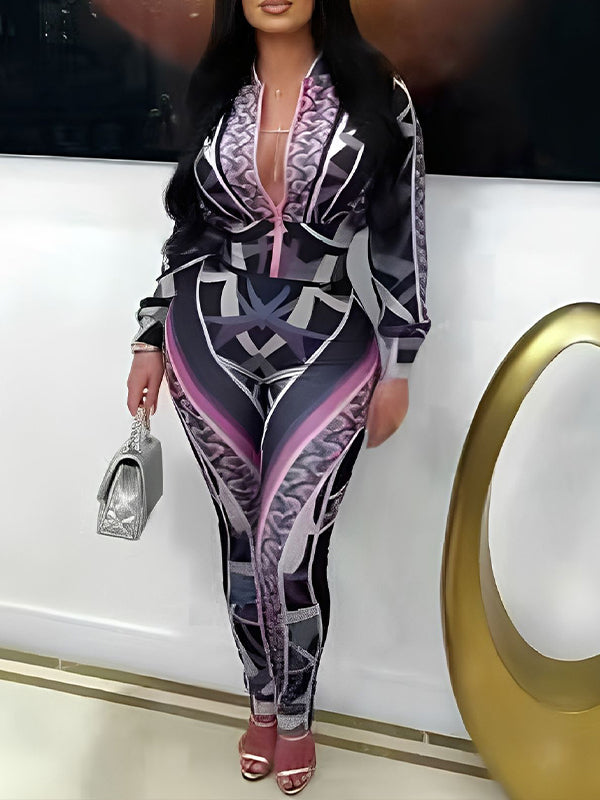 Printed Zip-Front Jacket & Pants Set