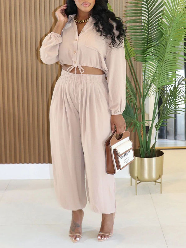 Solid Drawstring Shirt & Jogger Pants Set
