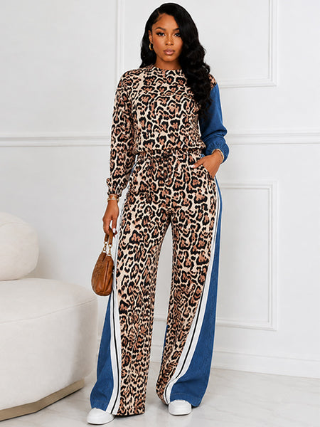 Stripe Combo Leopard Sweatshirt & Pants Set