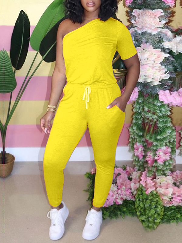 One-Shoulder Drawstring Jumpsuit--Clearance