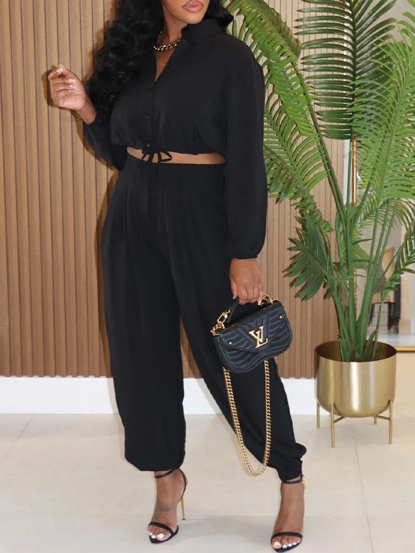 Solid Drawstring Shirt & Jogger Pants Set