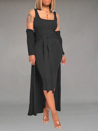 Solid Tied Dress & Cardigan Set--Clearance