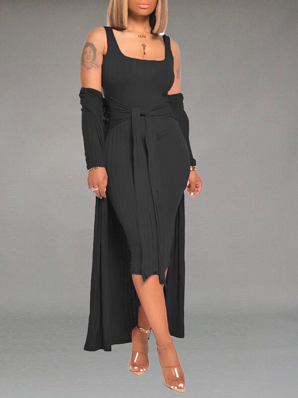 Solid Tied Dress & Cardigan Set--Clearance