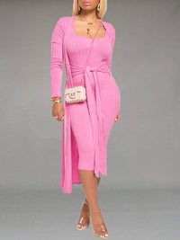 Solid Tied Dress & Cardigan Set--Clearance