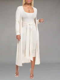 Solid Tied Dress & Cardigan Set--Clearance