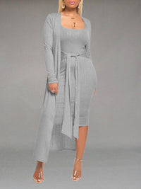 Solid Tied Dress & Cardigan Set--Clearance