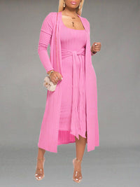 Solid Tied Dress & Cardigan Set--Clearance