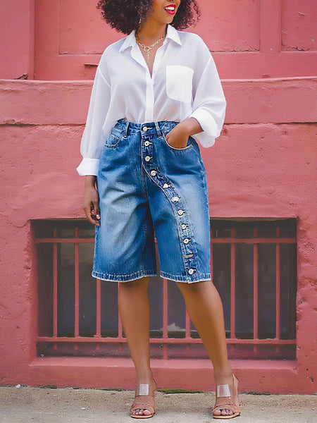 Button Denim Bermuda Shorts