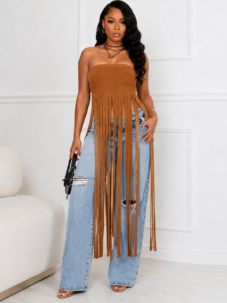 Fringe Strapless Tunic Top