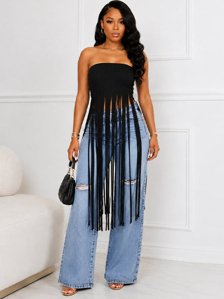 Fringe Strapless Tunic Top