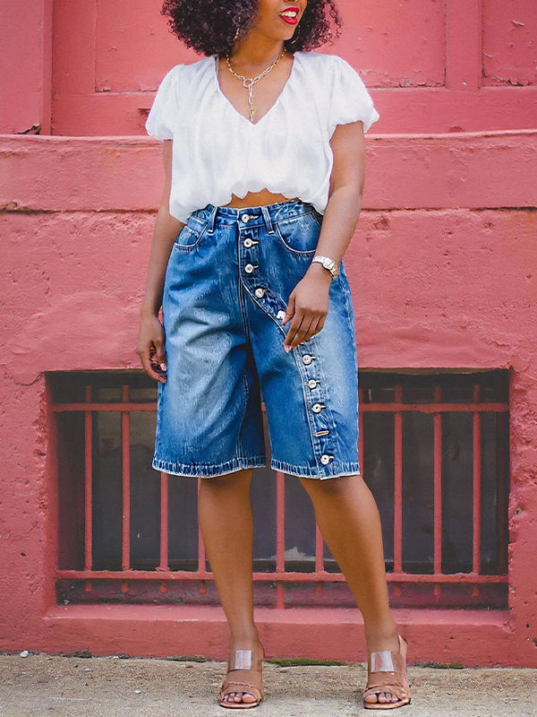 Button Denim Bermuda Shorts