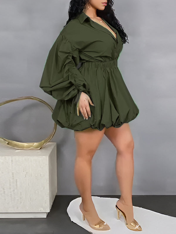 Ruched-Sleeve Button-Front Dress