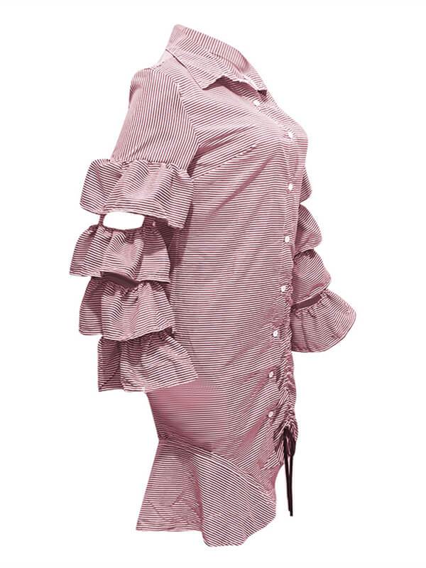Tiered Ruffle Drawstring Stripe Dress (1519534899245)