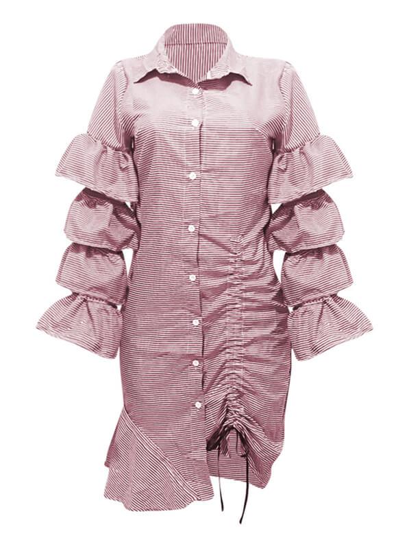Tiered Ruffle Drawstring Stripe Dress (1519534899245)