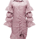 Tiered Ruffle Drawstring Stripe Dress (1519534899245)