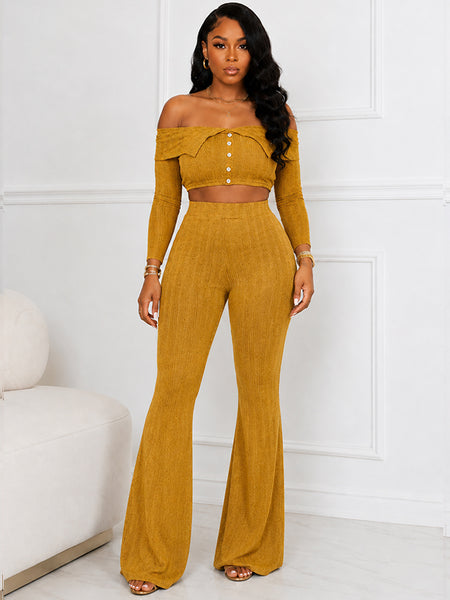 Off-Shoulder Button Top & Pants Set