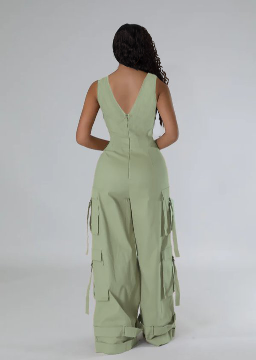 V-Neck Sleeveless Cargo Wide-Leg Jumpsuit--Clearance