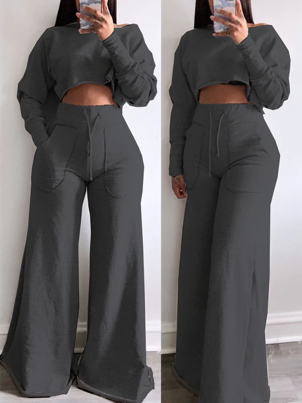 Raw-cut Sweatshirt & Wide-Leg Pants Set--Clearance