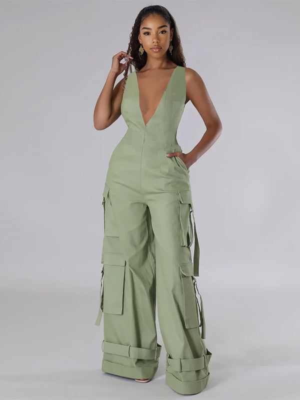 V-Neck Sleeveless Cargo Wide-Leg Jumpsuit--Clearance