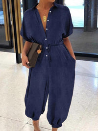 Indiebeautie Button-Front Belted Denim Jumpsuit