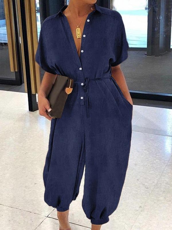 Indiebeautie Button-Front Belted Denim Jumpsuit