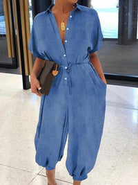 Indiebeautie Button-Front Belted Denim Jumpsuit