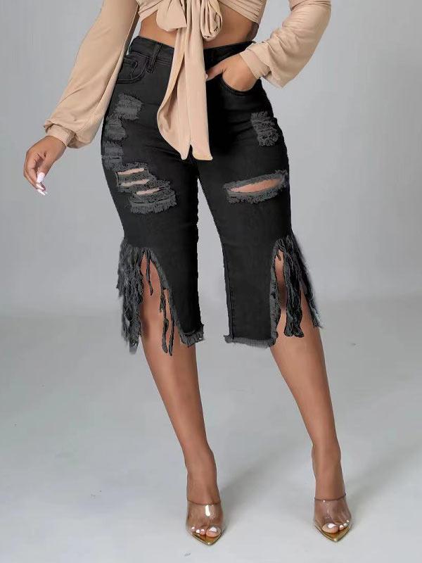 Ripped Fringe Capri Jeans--Clearance