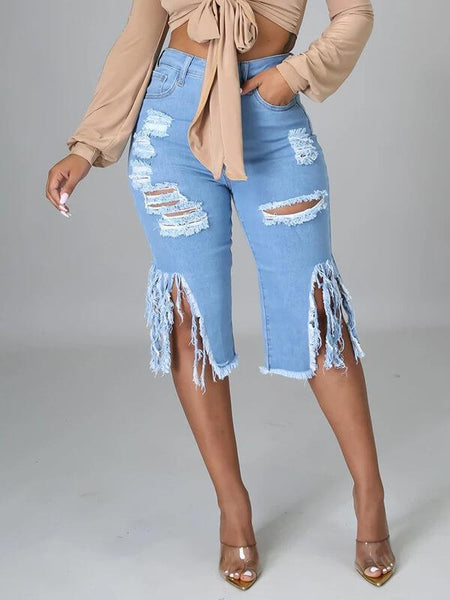 Ripped Fringe Capri Jeans--Clearance