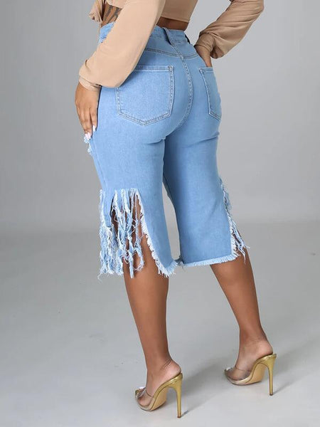 Ripped Fringe Capri Jeans--Clearance