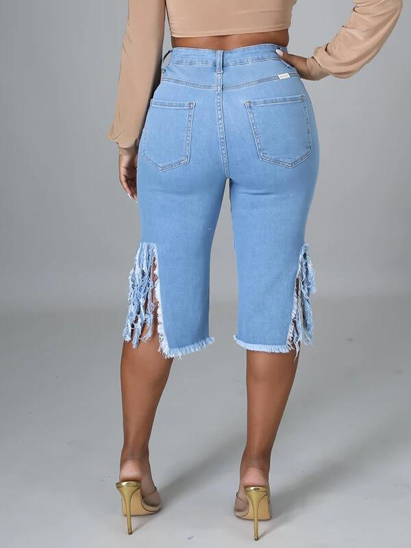 Ripped Fringe Capri Jeans--Clearance
