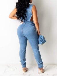 Button-Front Sleeveless Denim Jumpsuit