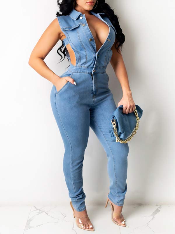 Button-Front Sleeveless Denim Jumpsuit