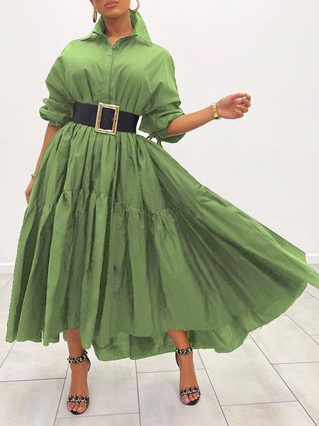 Solid Ruffle Shirt Dress--Clearance