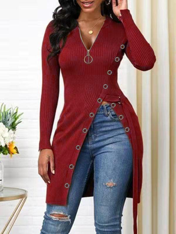 Indiebeautie Zip-Front Slit Ribbed Tunic