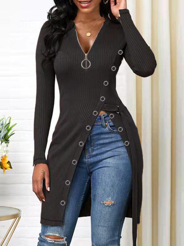 Indiebeautie Zip-Front Slit Ribbed Tunic