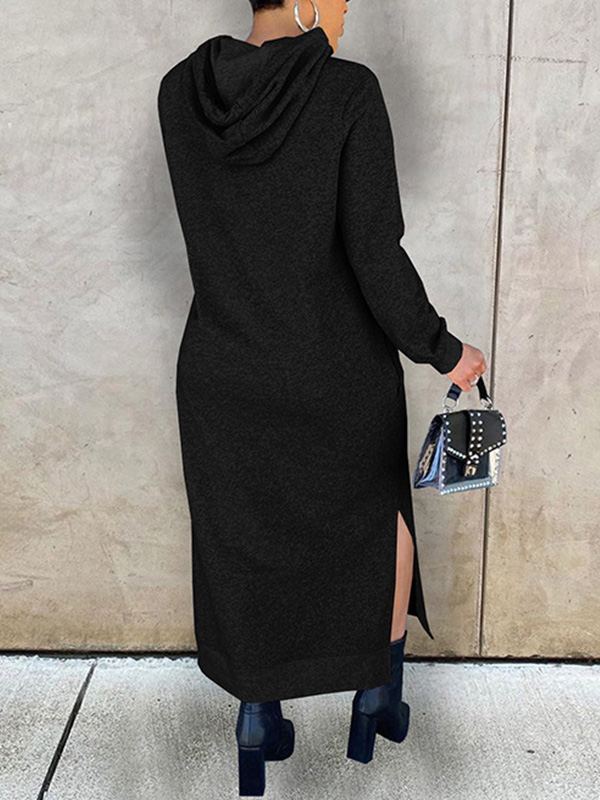 Indiebeautie Solid Slit Hoodie Dress