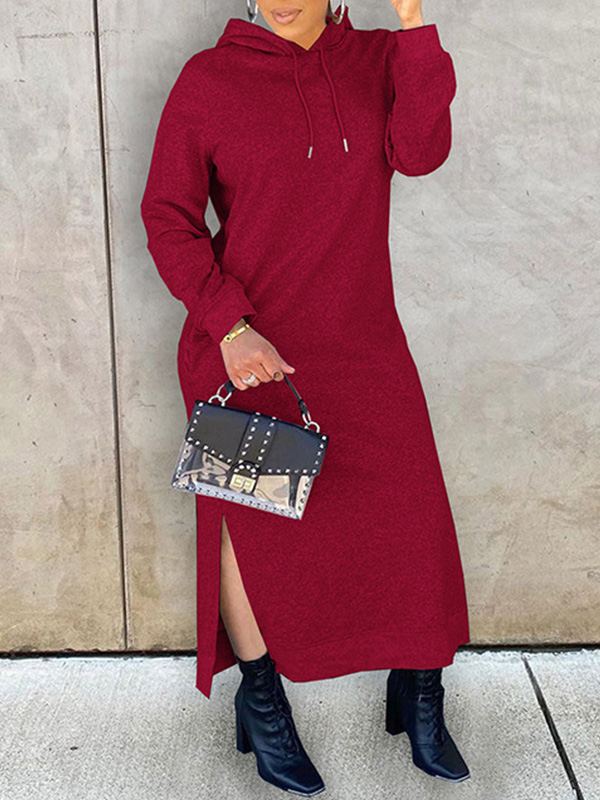 Indiebeautie Solid Slit Hoodie Dress