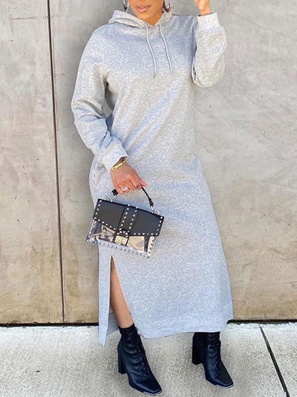 Indiebeautie Solid Slit Hoodie Dress