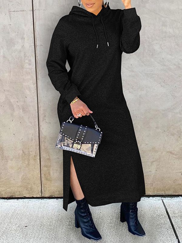 Indiebeautie Solid Slit Hoodie Dress