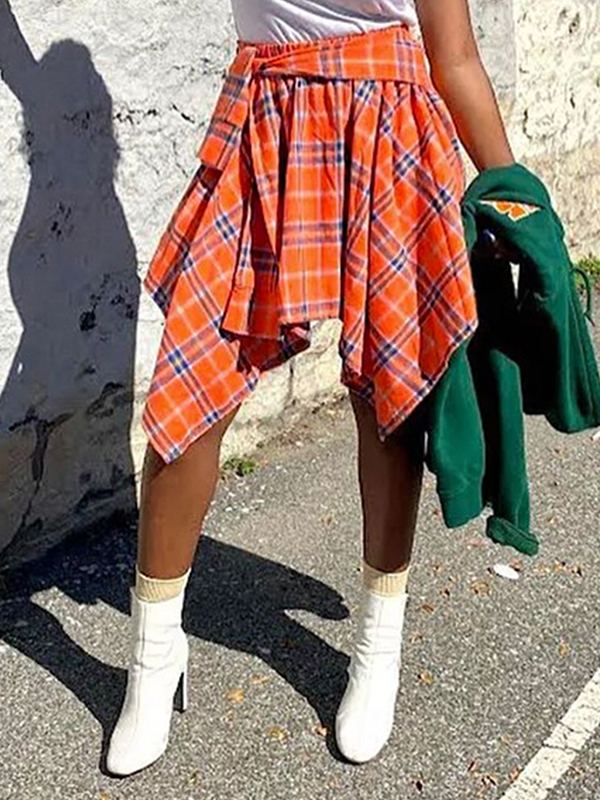indiebeautie Plaid Tied Asymmetric Skirt