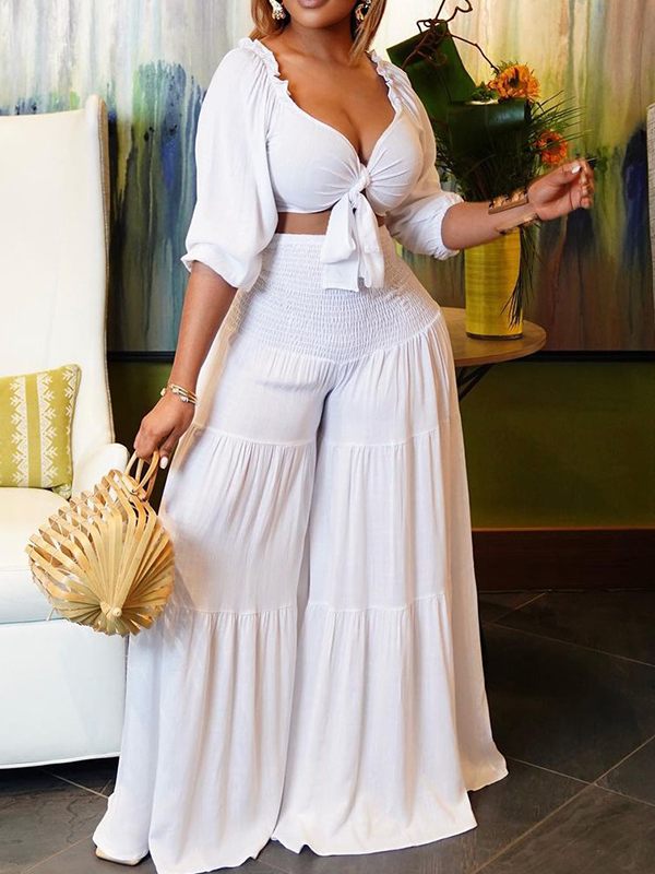 Indiebeautie Tied Crop Top & Wide-Leg Pants Set