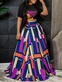 Indiebeautie Graphic Crop Top & Colorblock Slit Skirt Set