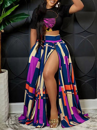 Indiebeautie Graphic Crop Top & Colorblock Slit Skirt Set