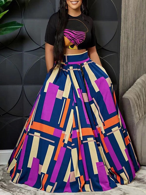 Indiebeautie Graphic Crop Top & Colorblock Slit Skirt Set