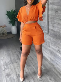 V-Neck Ruffle Top & Shorts Set--Clearance