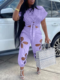 Solid Tee & Cutout Pants Set--Clearance