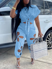 Solid Tee & Cutout Pants Set--Clearance