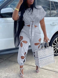 Solid Tee & Cutout Pants Set--Clearance