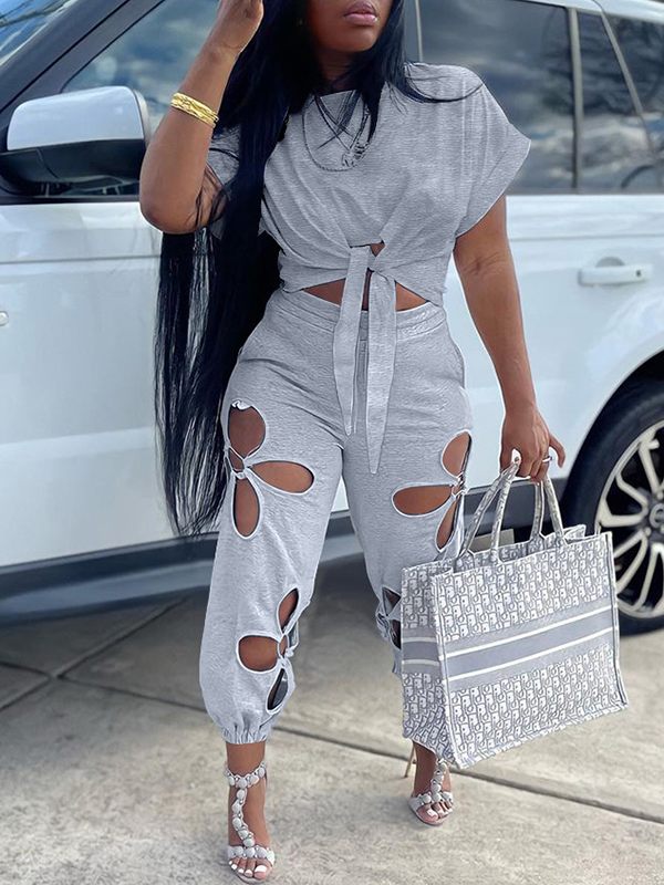 Solid Tee & Cutout Pants Set--Clearance